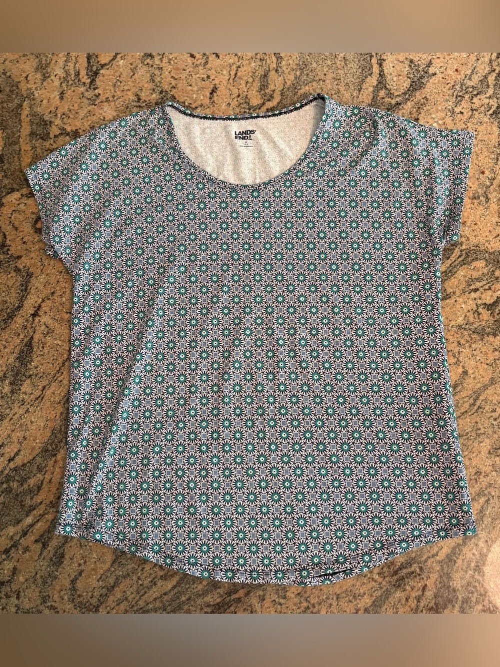 Lands' End Women's Geometric Pattern Short Sleeve Scoop Neck Top